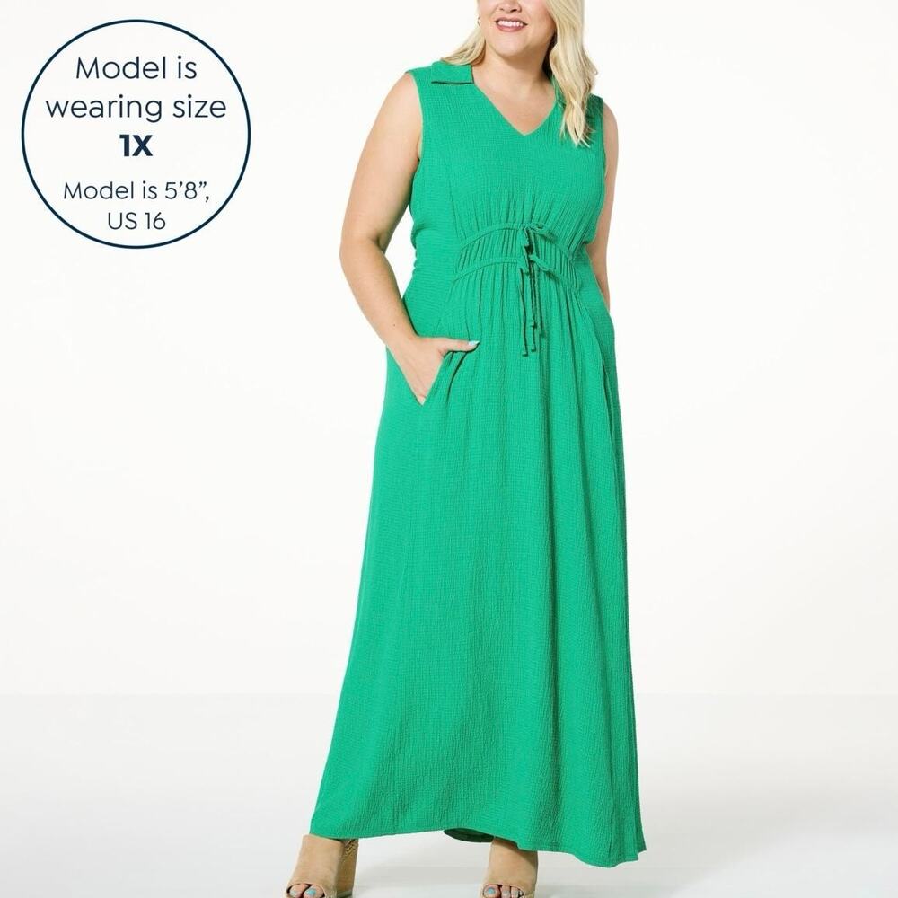 Nina Leonard Collared V-Neck Green Maxi Dress Size 1X XL Wedding Guest Summer